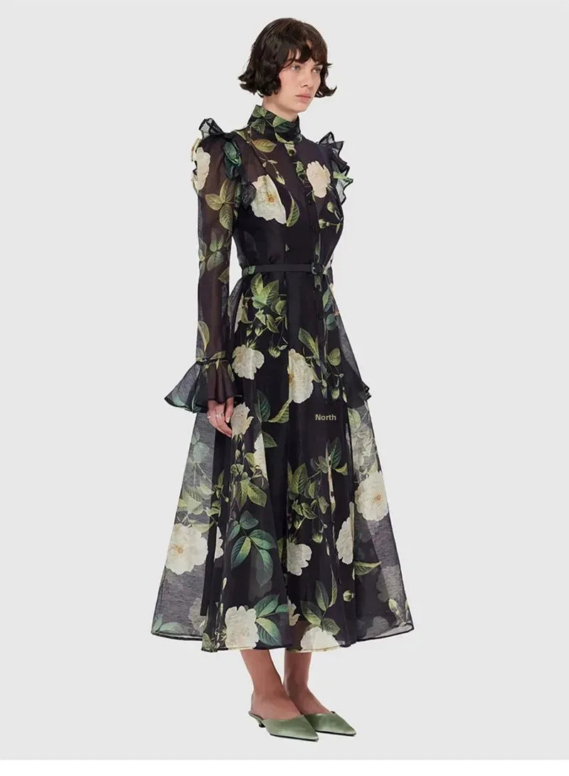 Vestido Longo Floral com Manga Flare – Elegância Atemporal