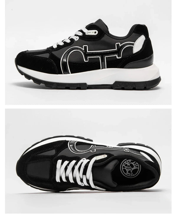 Tênis Feminino Casual  – Estilo Vintage, Color Block, Couro, Confortável e Moderno