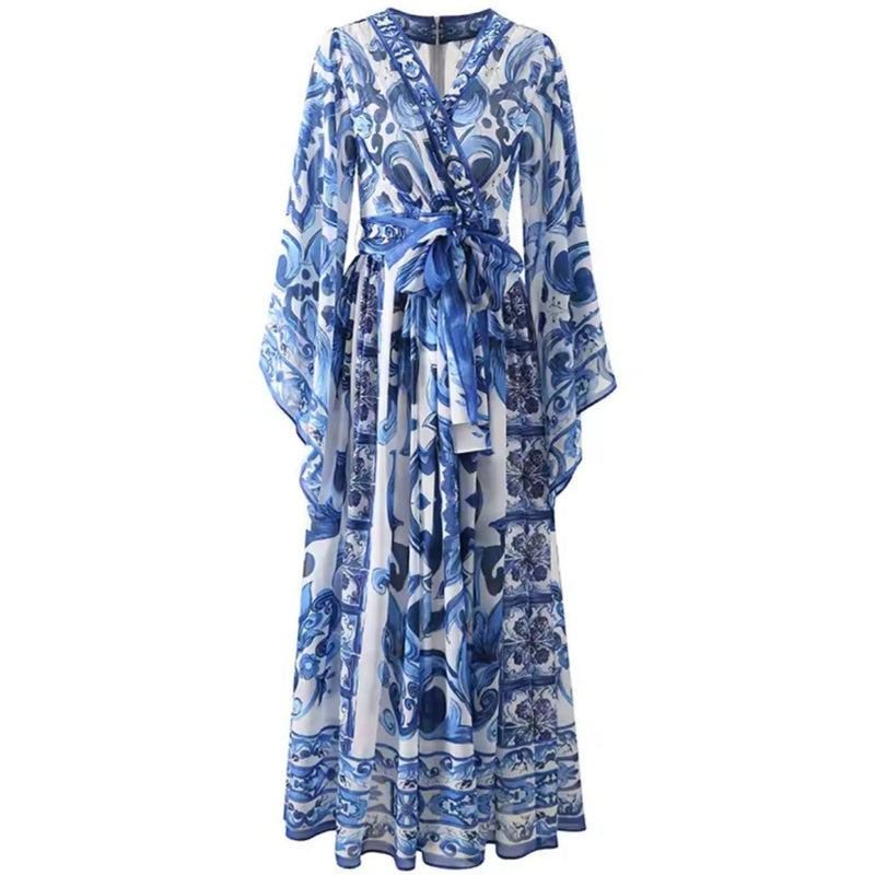 Vestido Longo Floral Estilo Porcelana – Elegância Atemporal